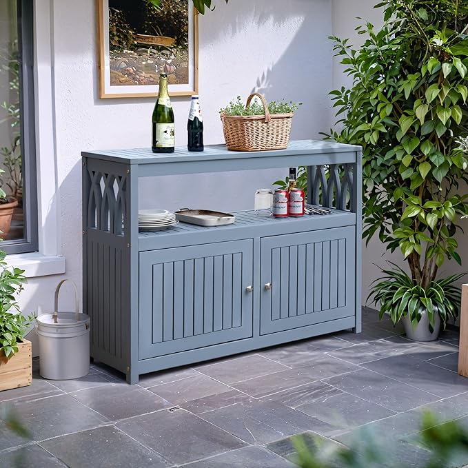 Flamaker Acacia Wood Cabinet with 2 Magnetic Doors - Weatherproof Outdoor Storage, Buffet, TV Stand, Bar, Potting Table (Grey)