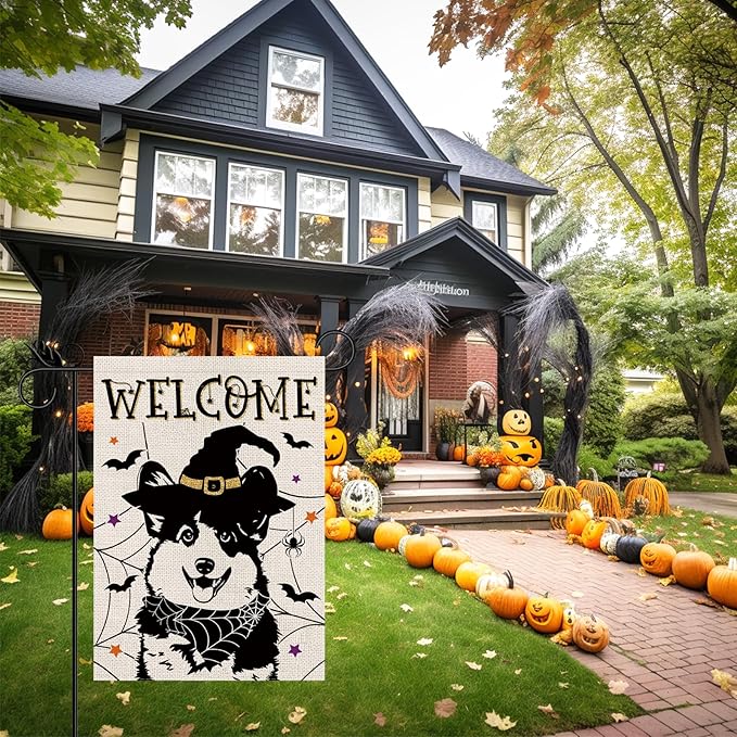 Halloween Garden Flag Corgi Cobweb Bats Double Sided Vertical Welcome Flag Holiday Outdoor Yard Lawn Decorations 12.5 x 18 Inch