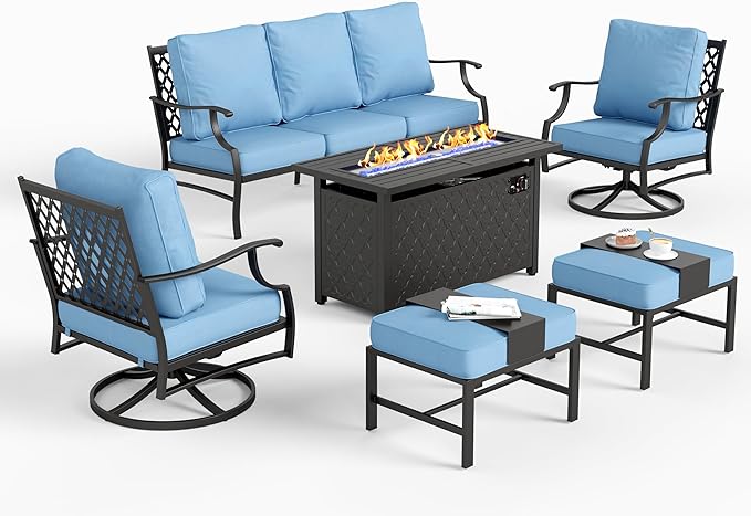 6 Piece Metal Outdoor Patio Furniture Set with Firepit Table, Patio Conversation Set 1 3-seater Sofa, 2 Swivel Chair, 2 Ottoman with 5.75" Thick Cushion, Black Backyard Furniture, Blue