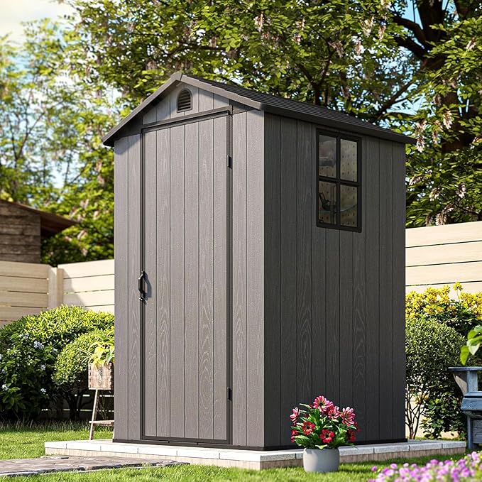 Patiowell 4 x 4 FT Plastic Outdoor Storage Shed with Floor, Garden Tool Shed with Two Windows and Single Lockable Door for Garden, Backyard, Lawn, Easy to Install, Dark Grey(Fit-it Shed)
