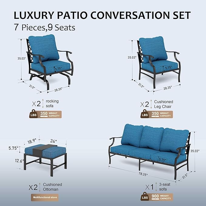 HERA'S HOUSE 7 Piece Patio Furniture Set, 2 x Rocking Chair, 2 x Fixed Chair, 2 x Ottoman, 1 x 3-Seat Sofa, All Cushioned 9 Seats Metal Outdoor Conversation Set for Lawn Garden Backyard