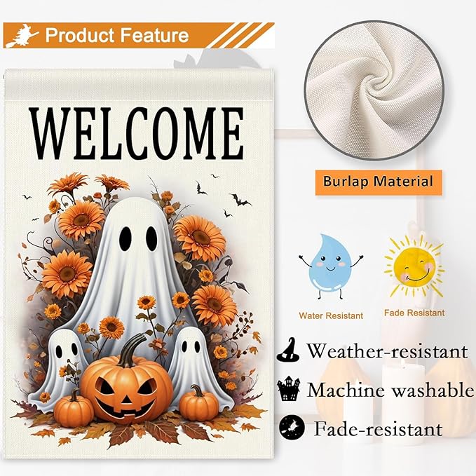Welcome Halloween Ghost Garden Flag 12x18 Double Sided Outside Pumpkin Fall Holiday Yard Outdoor Decorative Flag