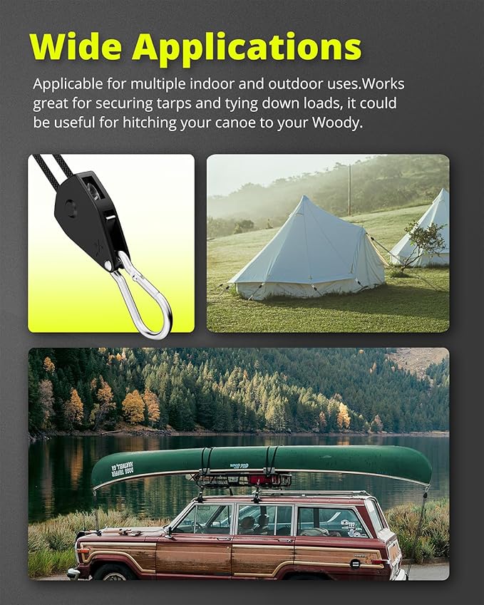 12-Pack 1/8" Adjustable Rope Hanger, Heavy-Duty Ratchet Tie Down Strap with Reinforced Metal Gear, 10 FT Length, 75 lbs Capacity for Grow Lights, Hanging Plants, and General Tie-Downs