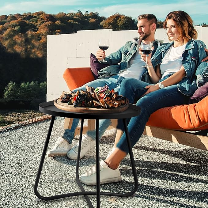 Babion Black Outdoor Side Tables, Small Outdoor Table, Round Patio Side Table Steel, Small Accent End Table for Patio Yard Garden, Indoor & Outdoor