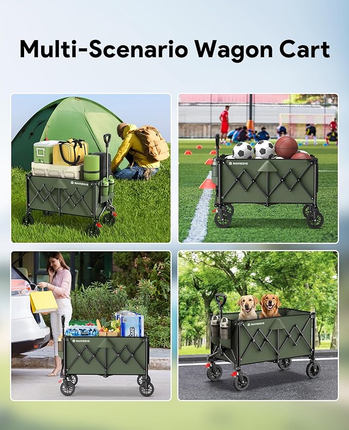 Collapsible Foldable Wagons, 440lbs Weight Capacity Beach Wagon with All-terrain Wheels, Heavy Duty Foldable Wagon, Utility Wagons Carts with Brakes for Camping, Sports, Shopping, Beach, Green & Brown