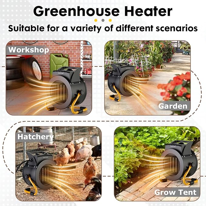 Greenhouse Heater with Digital Thermostat, 1500W/750W Electric Grow Tent Heaters, 3S PTC Fast Heating, 3 Modes Adjustment, Overheat Protection for Patio, Grow Tent, Greenhouse, Outdoor, BK