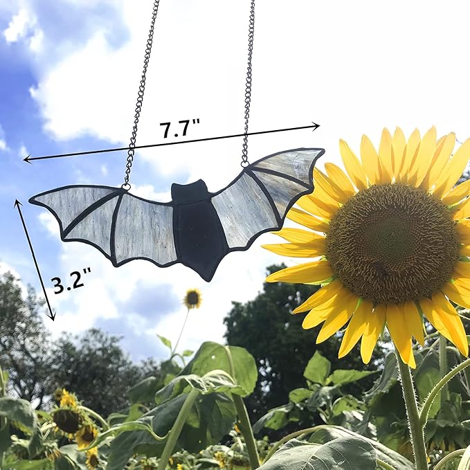 Raven on Moon Stained Glass Window Hangings,Crow Suncatcher Halloween Decorations, Handmade Raven Birds Sun Catchers Indoor Window Gothic Home Decor (Bat C)