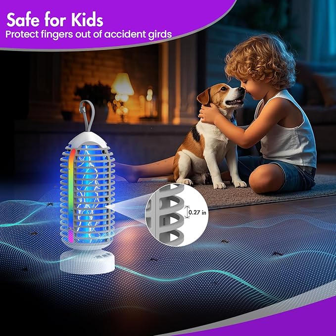 Bug Zapper Outdoor with Colorful Lighting and Auto-Sensing, 3 in 1 Cordless 4000mAh Battery Electric Fly Trap, Rechargeable Mosquito Zapper for Camping, Patios, Garden, Kitchen (1Pack-Grey)