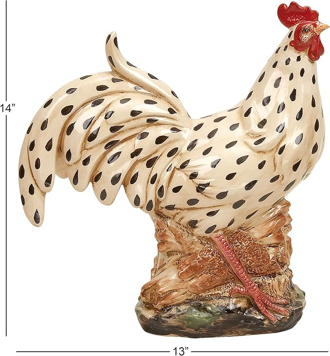 Deco 79 Ceramic Rooster Decorative Garden Sculpture Spotted Indoor Outdoor Garden Statue with Black and Red Accents, Outdoor Sculpture 13" x 6" x 14", Beige