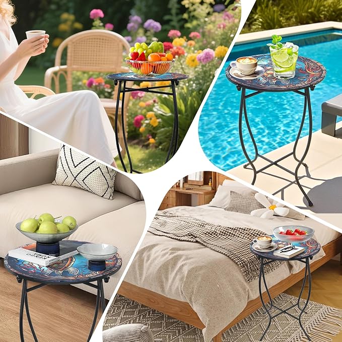 Outdoor Side Tables for Patio, 21" High Round End Table, Weather Resistant Metal Patio Accent Table Indoor and Outdoor End Table for Yard, Garden, Living Room, Bistro, Halloween (Turtle)