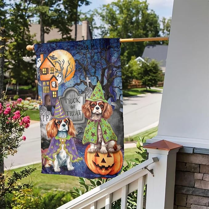 Beagle Dog Halloween Tombstone Scary Pumpkin Garden Flag Welcome Party Outdoor Outside Decorations Picks Home House Garden Yard Decor 12x18 Inch