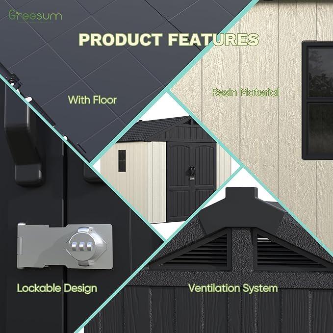 Greesum 8×8 FT Plastic Outdoor Storage Shed with Floor, Resin Sheds with Window and Lockable Door, Weather Resistant Organization for Garden, Lawn, Pool Supplies, Beige