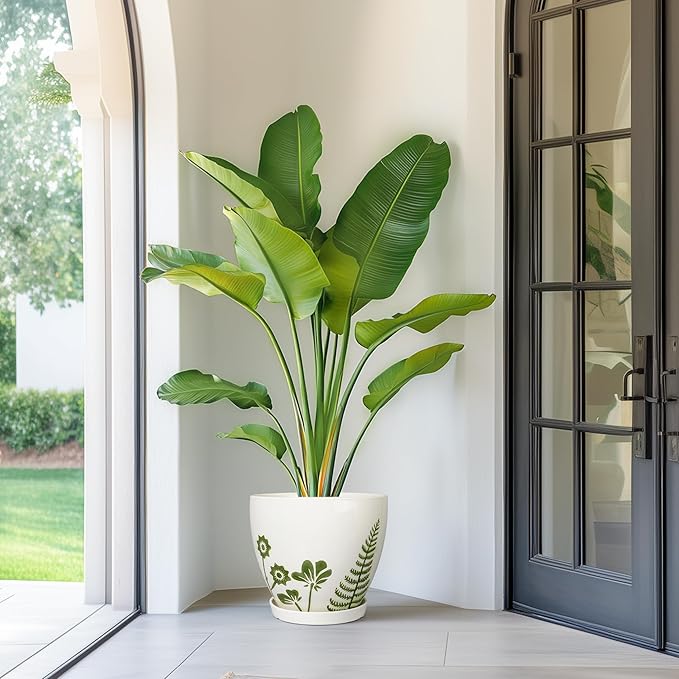 Ceramic Plant Pot 10 Inch - Ceramic Planter for Indoor Outdoor Plants, Decorative Boho Round Planter with Drainage Hole and Saucer, Housewarming Gifts, Office Garden Home Decor, White