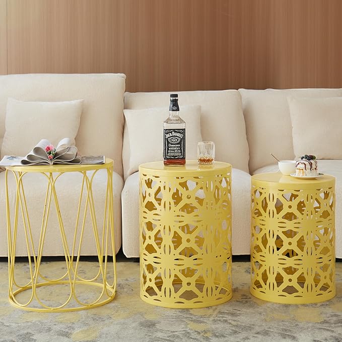 Y&M Set of 3 Round Heavy-Duty Side Table End Table, Outdoor Decorative Garden Stool Plant StandCoffee Table for Indoor Multifunctional Use,-Yellow(Ship from US)