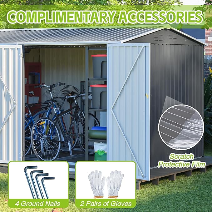8x12FT Outdoor Storage Shed,XL Heavy-Duty Metal Shed W/Window & Floor Frame,Garden Tool House W/ 4 Air Vents,Dual Sliding Hinged Door & Sloped Roof,for Backyard,Patio,Lawn,Grey