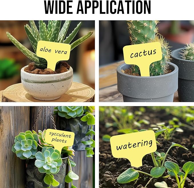Plant Labels 200 Pcs Yuanling T-Type Plastic Garden Tags Waterproof Plant Sign Stakes Nursery Garden Makers for Seedlings Flower Vegetables Herb Potted Belt Permanet Marker Pen (Yellow)