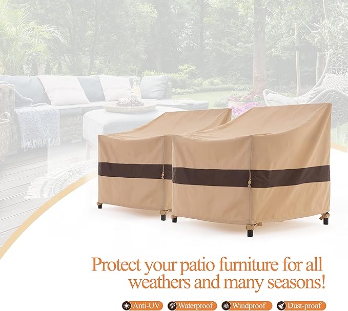 Patio Chair Covers - Heavy Duty Waterproof Outdoor Furniture Covers for Chairs, Adirondack & Tolix Styles, Beige & Coffee, 34" W x 36" D x 36" H, 2 Pack
