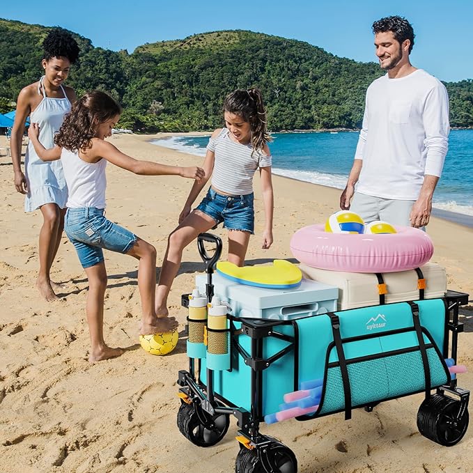 Collapsible Wagon Cart Heavy Duty Foldable, Folding Beach Wagon with Big Wheels for Sand, Utility Grocery Cart with Side Pocket and Brakes for Sports Outdoor Activities, Light Blue