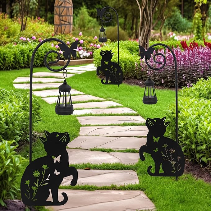 Solar Cat Lantern Garden Stakes - Outdoor Decorative Solar Lights for Yard, Patio, Pathway - Weatherproof Metal Cat Stake with Auto Night Lighting