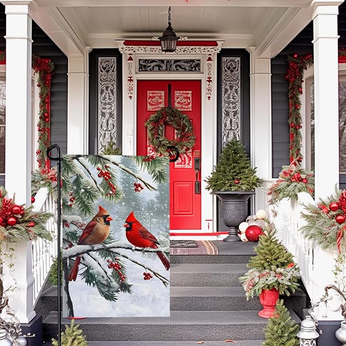 Winter Cardinal Bird Garden Flag Red Bird Pine Twigs Yard Flag Double Sided Polyester Holly Berry Snow Seasonal Garden Flags for Outdoor Farmhouse Christams Holiday Decor 12x18 Inch