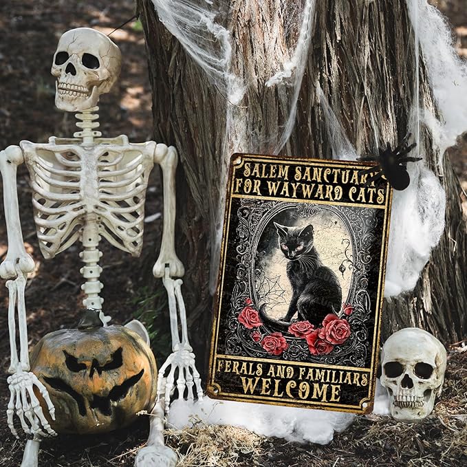 Halloween Black Cat Vintage Sign Salem Sanctuary For Wayward Cats Halloween Metal Sign for Home Bar Kitchen Hotel Dining Room Coffee 8x12inch