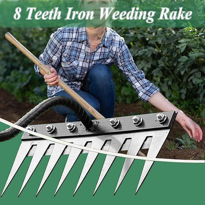 Upgrade Iron Weeding Rake 2.0, 2025 New Iron Rake for Gardening and Weeding, 8 Teeth Carbon Steel Garden Weeder Tool, Detachable Gardening Hand Weeder Puller Tool for Dethatching Lawn Loosening