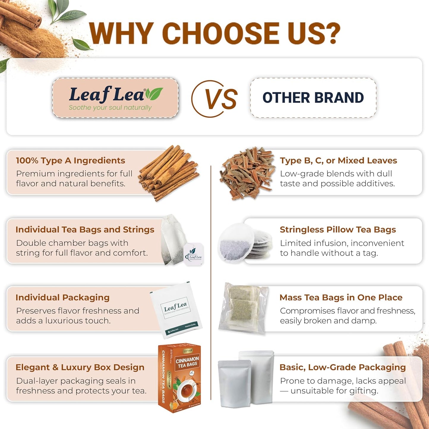 LeafLea 120 Cinnamon Tea Bags, Premium Herbal Tea with Ground Cinnamon Sticks, Spiced and Soothing Flavor for Relaxation, Caffeine-Free, Sugar-Free, Non-GMO, Vegan