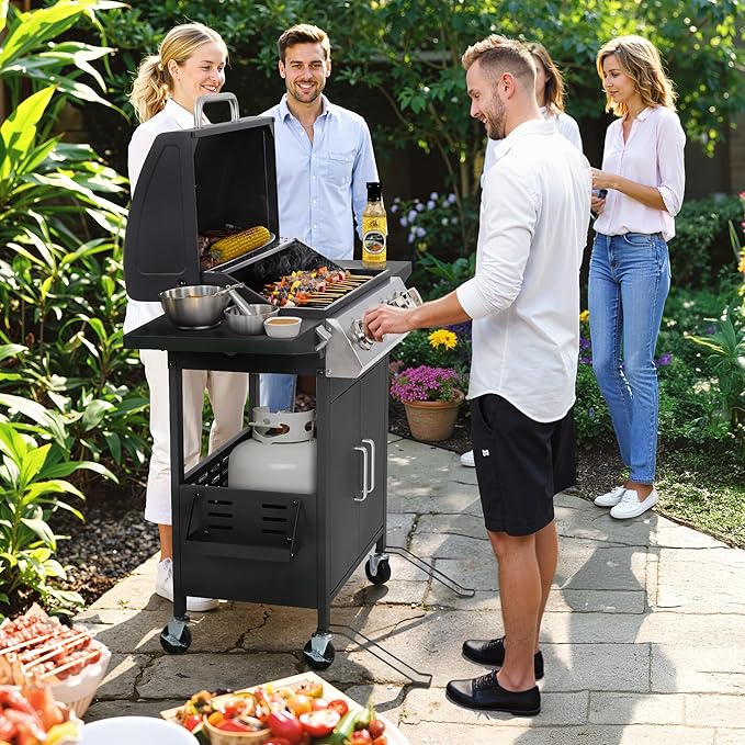 4-Burner Propane Gas BBQ Grill with Wheels, 40,000 BTU Output Stainless Steel Barbecue Grill for Backyard & Outdoor Cooking Easy Assembly, Foldable Side Tables & Spice Rack (Dark Black)