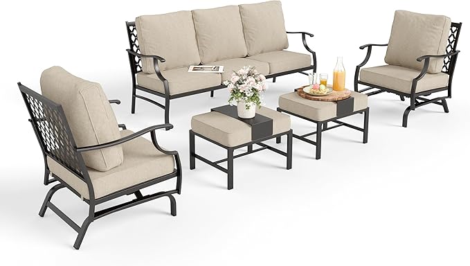 Patio Furniture Set 5 pcs, Outdoor Patio Furniture Set, 3-Seat Sofa, 2 Rocking Chairs, 2 Ottomans and 5.75" Extra Thick Cushion, Patio Conversation Set for Backyard Deck,Beige