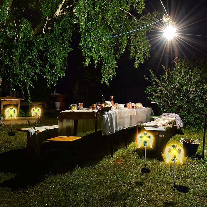Retisee 4 Pack Halloween Decoration Cross Angel Wings Solar Lights for Outdoor Memorial Solar Lights for Graves Lighted for Halloween Christmas Garden Lawn Porch Yard Patio Waterproof Decor