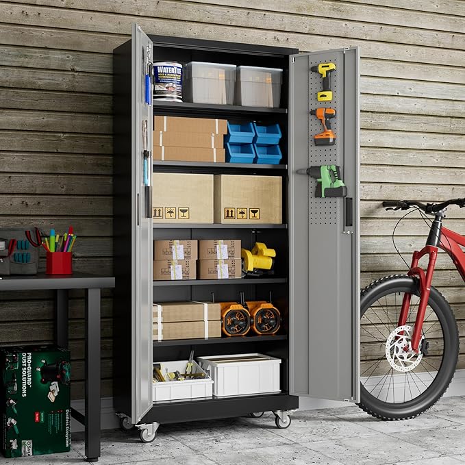 71"H×32"W×16"D Rolling Tool Storage Cabinet with 5 Adjustable Shelves and Pegboard,Metal Garage Storage Cabinet with Wheels for Garage Home Office Utility Room,Required Assembly, Black and Dark Grey
