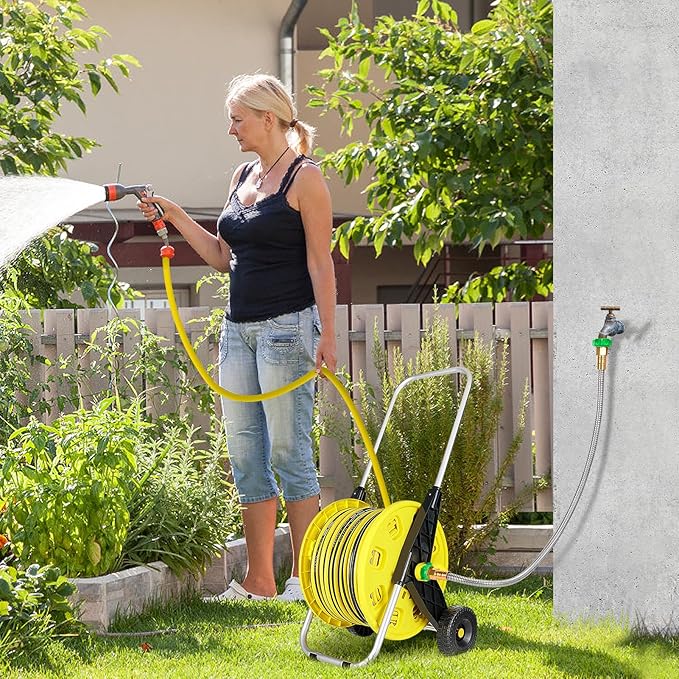 3ft Short Garden Hose with Female to Female Connector - Metal Leakproof Leader Hose for Hose Reel, Heavy Duty 304 Stainless Steel Flexible Hose for Outdoor Garden Watering Car Pet Cleaning