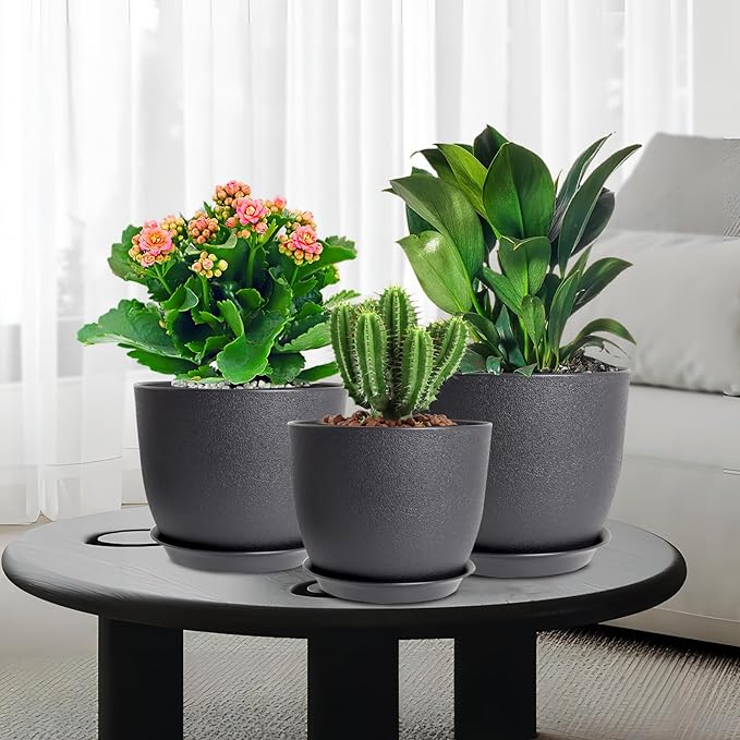 9/8/7.5 inch Plant Pots, Set of 3 Modern Decorative Plastic Planters with Drainage Holes and Tray, Flower Pots for Indoor Outdoor Plants, Black