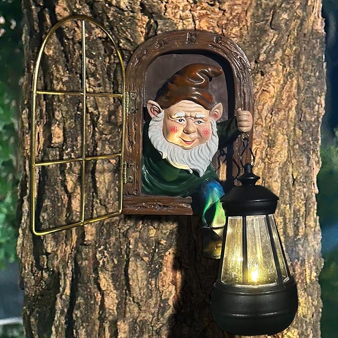 Fairy Garden Statues Gnomes Solar Lantern - Halloween Elf Out The Door Tree Hugger Figurines Fence Wall Yard Art Home Decor Outdoor Tree Face Sculpture, Ideal Thanksgiving Decorations