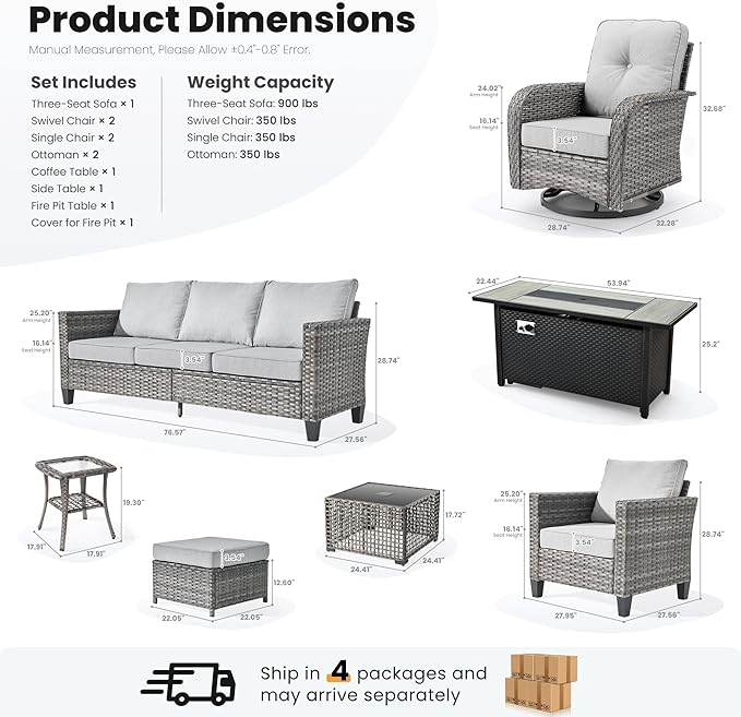 ovios 10 Pieces Patio Furniture Set, Outdoor Wicker Sofa Couch with Rocking Swivel Chairs Solar Lights Table Fire Pit, Modern Deep Seat Rattan Conversation Sets, Grey