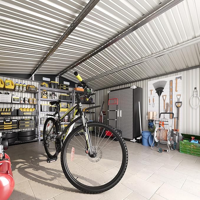 12x10FT Outdoor Storage Shed, Metal Garden Shed with Lockable Double Doors & Sloping Roof, Weather-Resistant Tool Shed for Backyard, Patio, Poolside Brown