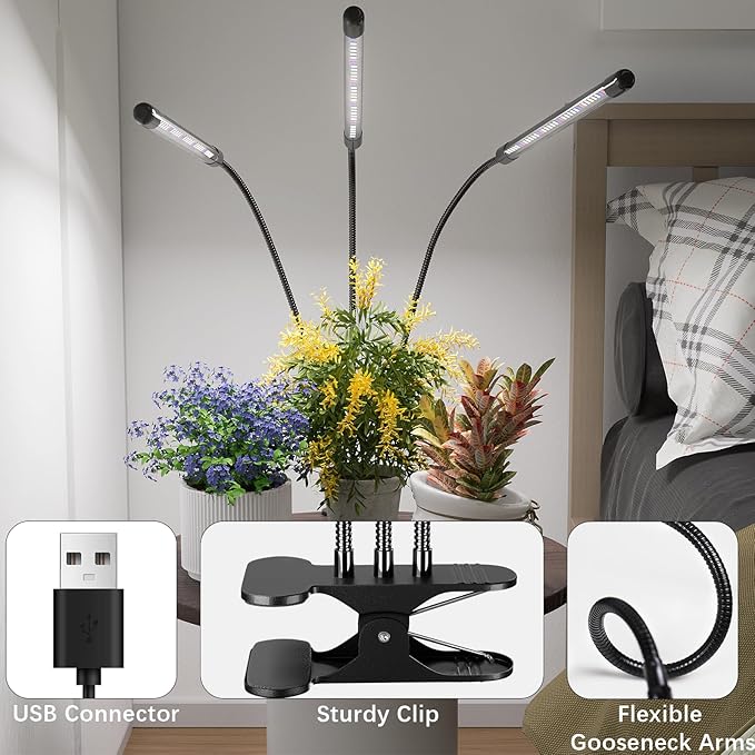 Super Bright Plant Grow Light Clip-on, 6000K Full Spectrum Gooseneck Growing Lamp with White Red Blue LEDs for Indoor Plants, Dimmable, Auto On/Off Timer 4/8/12Hrs, Independent Control Light Bars