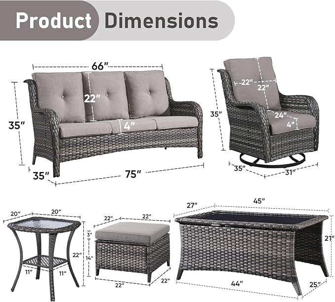 Wicker Rattan Patio Furniture Set - 7 Pieces Outdoor Couch with Swivel Chairs, Ottomans and Coffee Table for Deck, Poolside, Backyard - Grey