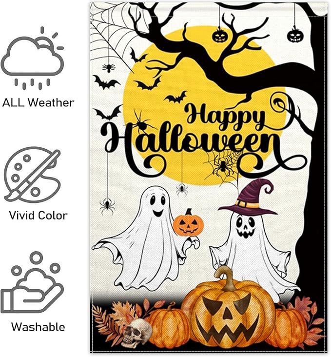 ChloropLastid Happy Halloween Ghost Garden Flag Double Sided 12x18 Inch Halloween Pumpkin Holiday Outside Outdoor Decorations Burlap Yard Flag