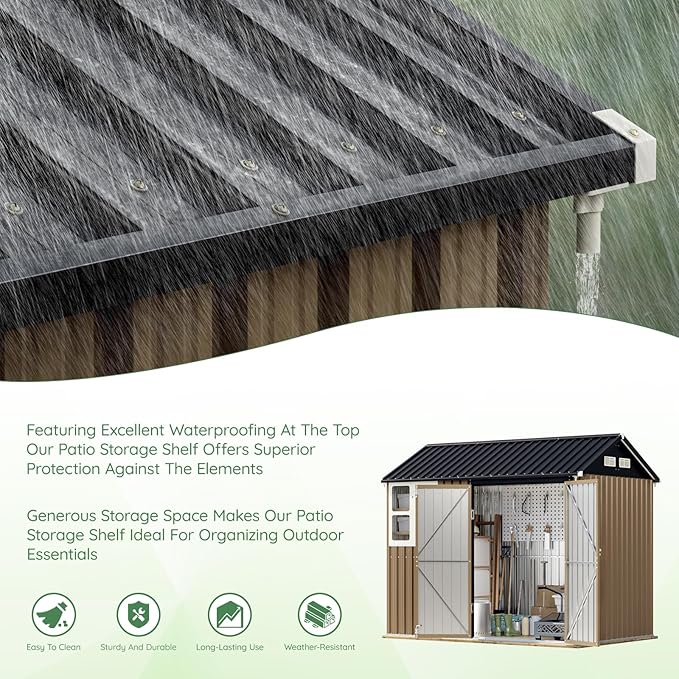 8X6FT Outdoor Steel Storage Shed with Lockable Doors, Frame Floor (No Wood/Other Boards),One Window,Ideal for Garden, Backyard, Patio Storage,Brown