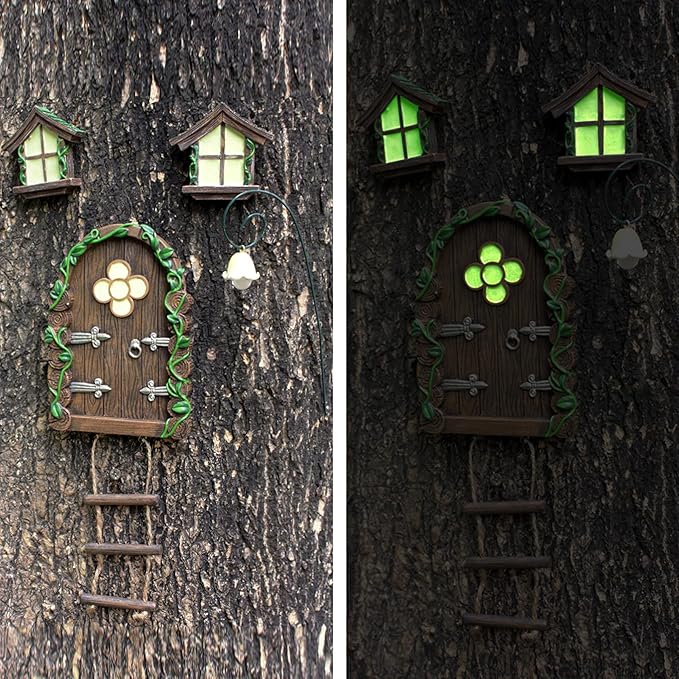 Fairy Door and Windows Garden Kit Accessories Outdoor, Glow in Dark Gnome House for Tree, Lawn Yard Art Sculpture, Miniature Garden Decor (Ladder)