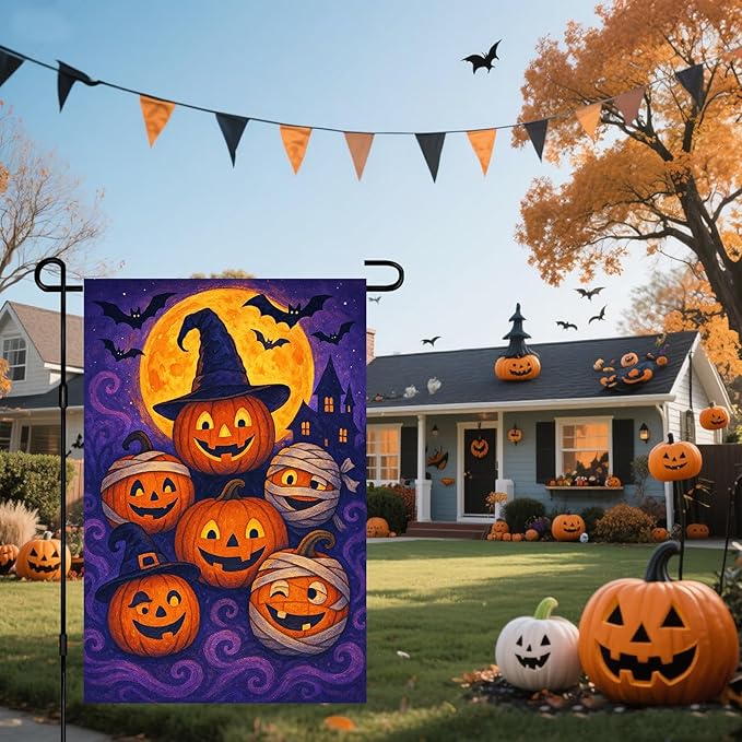 IVN Spooky Halloween Garden Flag 12x18 Inch Double Sided Witch Hat Pumpkin Jack O’ Lantern Trick or Treat Outdoor Fall Yard Flag for Outside Home Front Door Lawn Porch Patio Welcome Decor
