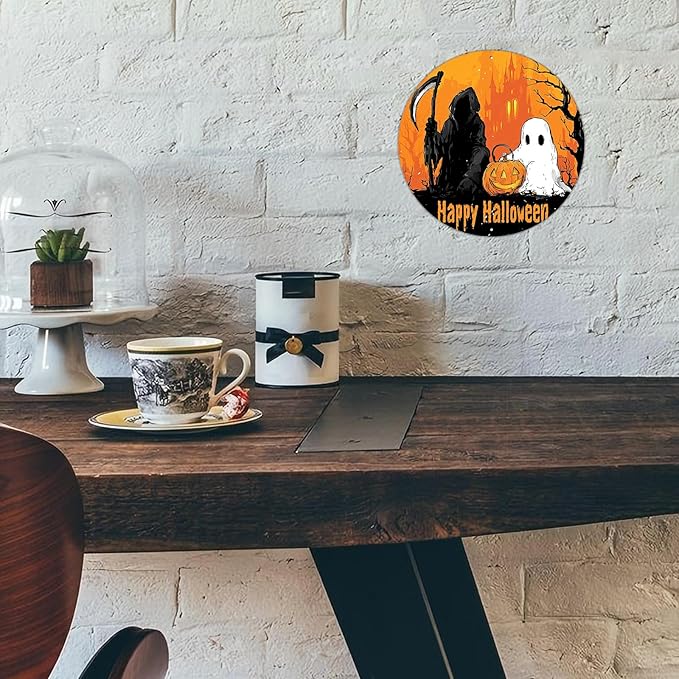 PEACHGARDEN Happy Halloween Round Metal Tin Sign Gothic Decor Vintage Wall Art Retro 8x8inch