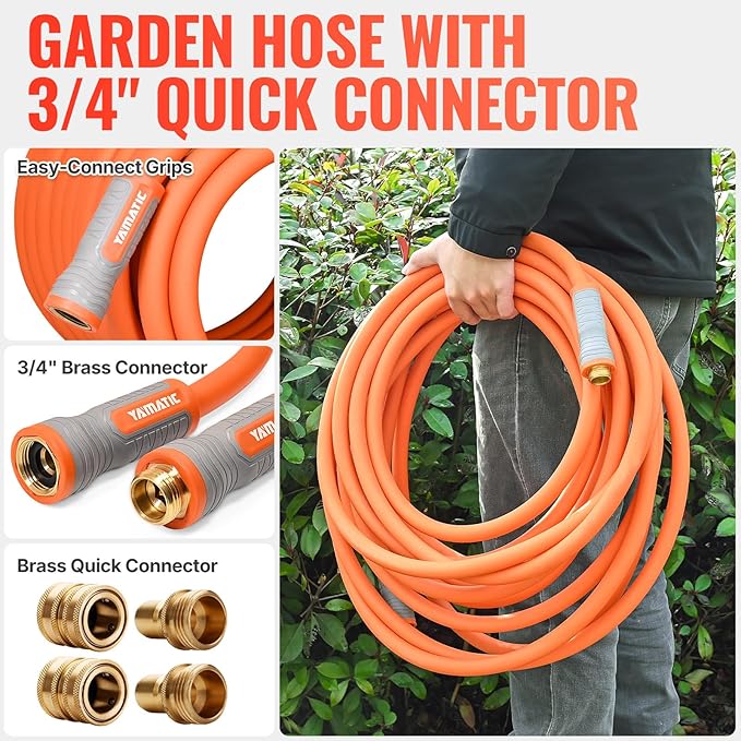 YAMATIC Garden Hose 5/8 in x 15 ft, Ergonomic Swivel Fittings, Burst 600 PSI, Heavy Duty, Flexible and Lightweight Water Hose with 2 Set Quick Connect