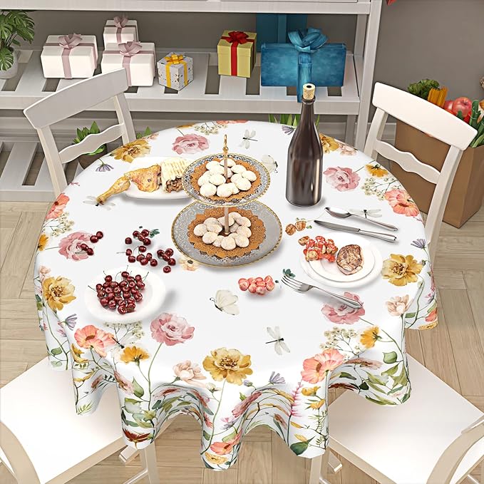 Summer Wildflower Round Tablecloth 60 Inch, Watercolor Floral Leaf Butterfly Table Cloth Rustic Vintage Farmhouse Polyester Cover for Dining Kitchen Room Outdoor Picnic Camping Party Holiday Decor