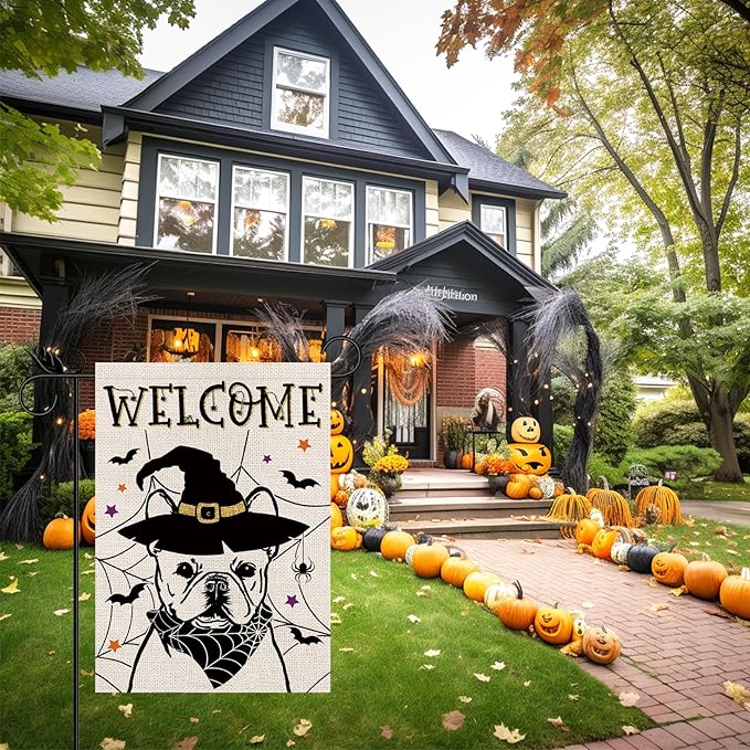 Halloween Garden Flag French Bulldog Cobweb Bats Double Sided Vertical Welcome Flag Holiday Outdoor Yard Lawn Decorations 12.5 x 18 Inch