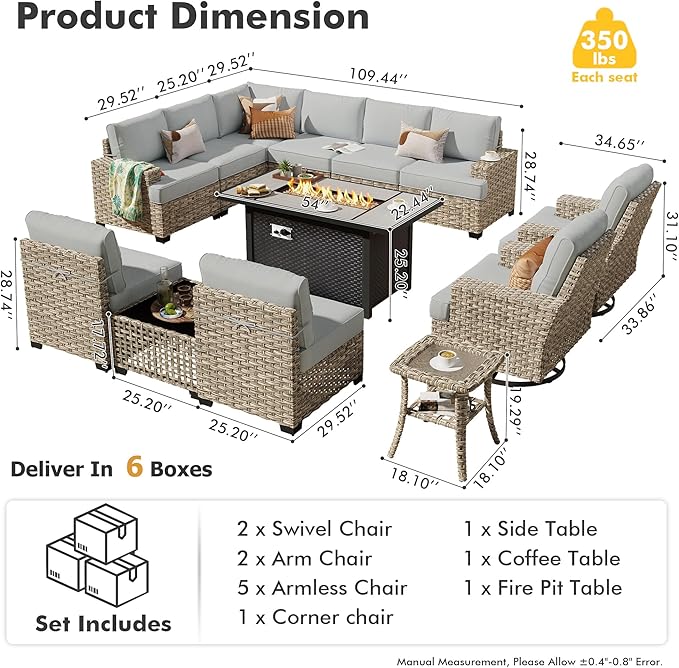 HOOOWOOO Outdoor Sectional Patio Furniture Set with Fire Pit Table,13 Pieces Wicker Conversation Sets L Shaped Couch,Extra Deep Out Door Sofa Outside Furniture with Swivel Chairs,Light Gray