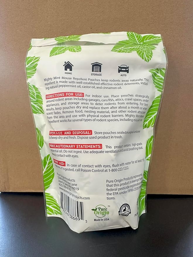 Mighty Mint Mouse Repellent Pouches – Peppermint, Castor Oil & Cinnamon Formula – Natural Indoor Deterrent for Mice and Rodents – Plant-Based, Long-Lasting Protection – 12 Count (Pack of 2)