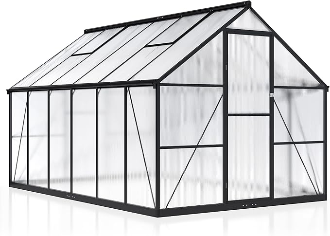 WKM 8x12 FT Greenhouse for Outdoors, Quick-fit Structure Green House with Window for Ventilation, Aluminum Greenhouse for Garden Backyard, Black