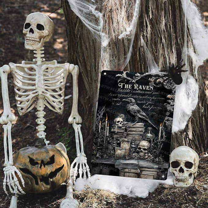 ARTWALLURE Gothic Crow Vintage Metal Sign Raven Wall Decor Skull Metal Poster Witchy Art Plaque Gothic Raven Decoration for Man Cave Funny Garage Bar Shed 12x16inch